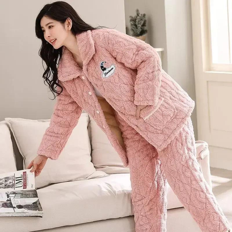 Sleepwear Women Winter Home Sleep Clothes Three Layer Thick Cotton Nightgown Flannel Coral Fleece Warm Coat Large Homewear Set
