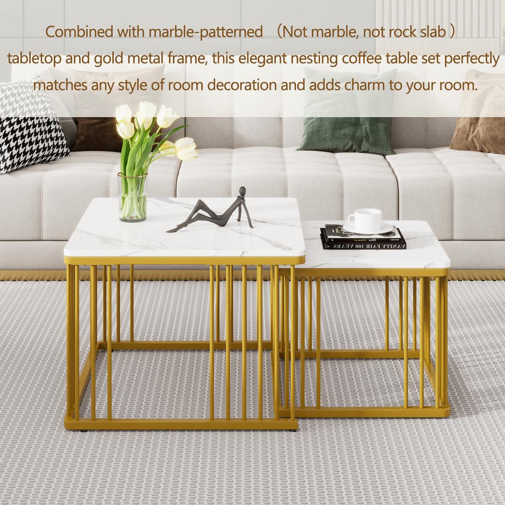 2-teiliges Set quadratische Hochglanz-Marmoroptik Kaffeetische, Stapeltische mit goldenen Beinen, 60*60*45cm und 45*45*40cm, Vielseitig