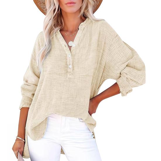 Women Shirt V-Neck Buttons Half Placket Long Sleeve Pullover Tops Solid Color Loose Fit Pleated Tops Casual Tee Daily Wear