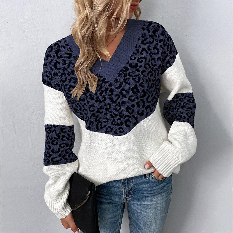 Autumn Winter Vintage Loose Long Sleeve Top Leopard Cardigan Knitwear V-Neck Sweater