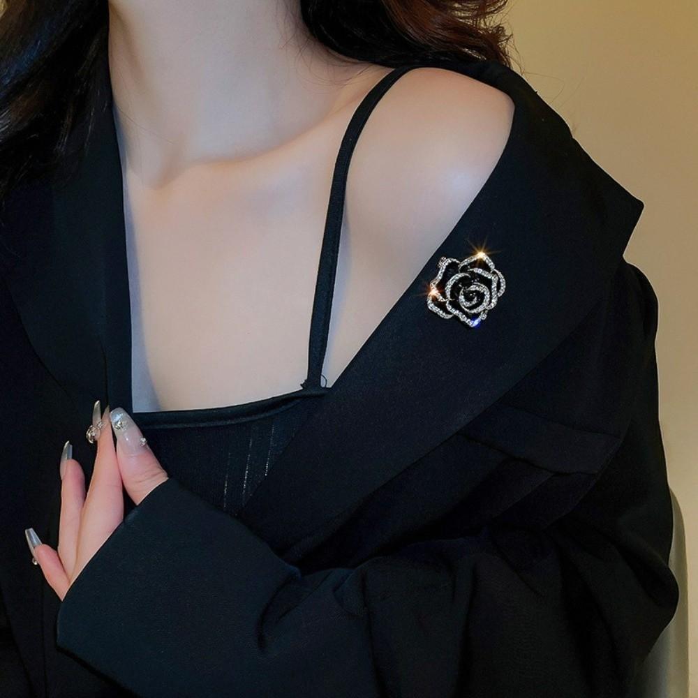 Silver Camellia Necklace Black Women Long Necklace Sweater Chain Clavicle Chain  Women