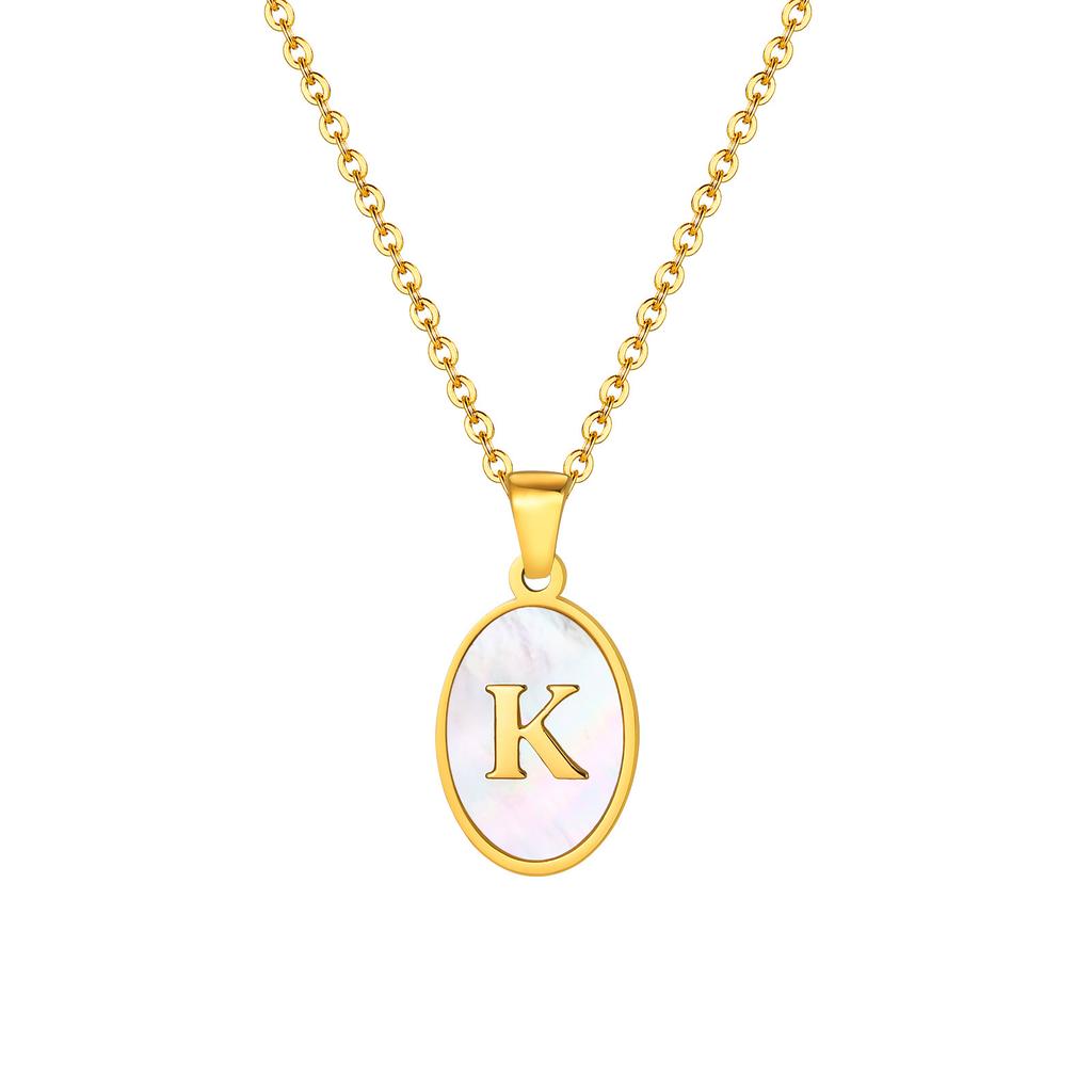 Stainless Steel Oval White Shell 26 Letter Pendant Name Letter Necklace Commemorative Gift Pn-2186