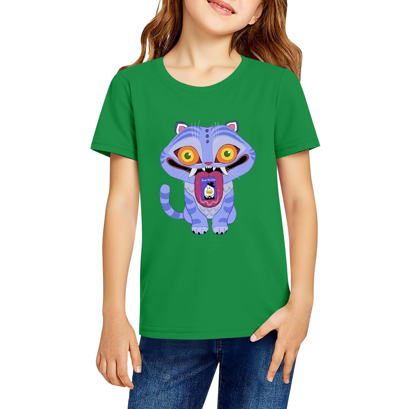 

Fashionable Round Neck Short Sleeve Work Clothes Printed Tops For KID Summer Tops 130 зелений