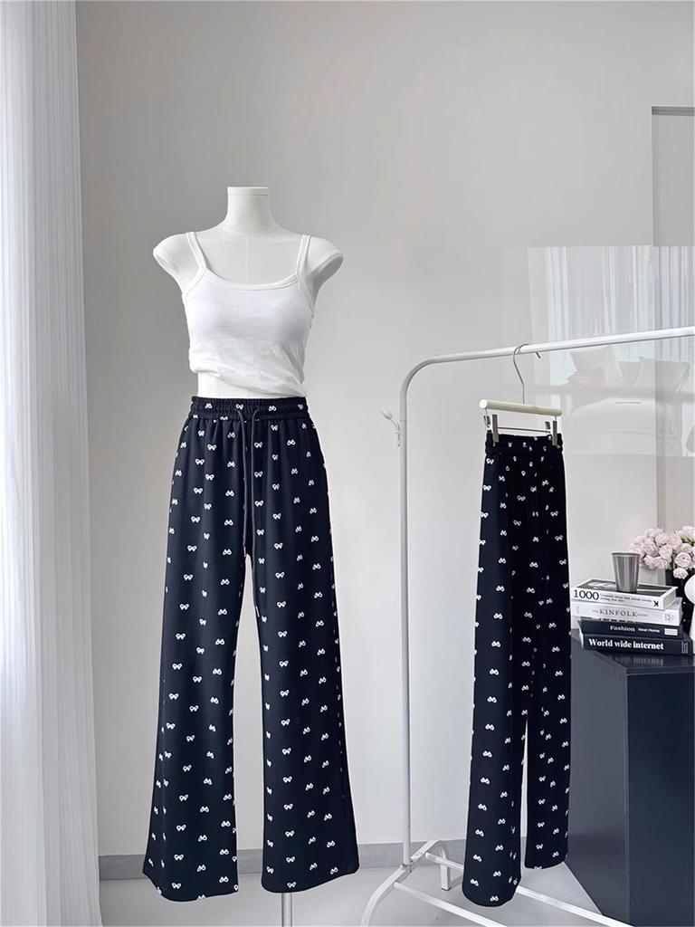 Petite High Waist Wide Leg Bow Print Pants - Spring/Autumn