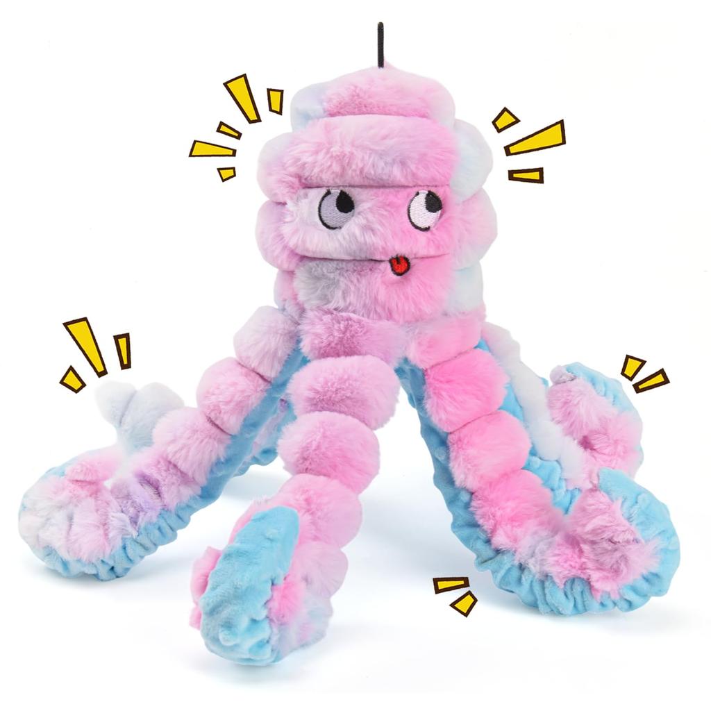 LIFLIX Octopus Plush Dog Squeaky Chew Toy Soft Rabbit Fur Fabric with 6 Tentacles Crinkle Paper Tug Play for Puppy Adult Dogs Pink