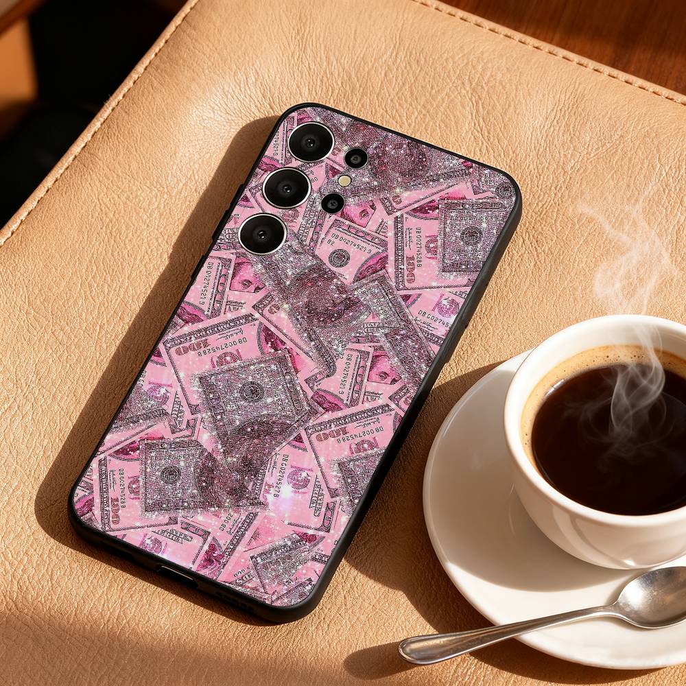 P-Pink D-Dollars Banknote Phone Case For Samsung S25,S24,S21,S22,S23,S30,Ultra,S20,FE,Lite,10,9,Black Cover