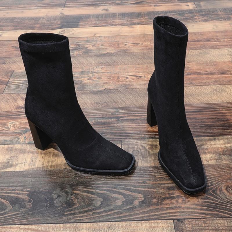 Модные женские ботильоны на высоком каблуке замшевые модные на толстом каблуке для платья роскошные зимние короткие ботинки 2025 дизайнерские туфли-лодочки ботинки для женщин 35 4980₽