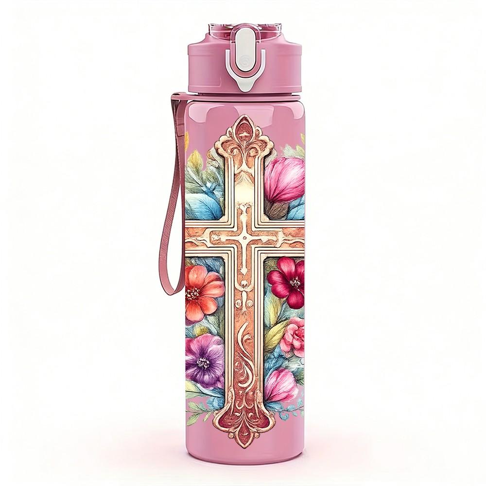 1PC Floral Rose Cross Religious Art Print 750ml Color Plastic Sports Water Bottle Leakproof Flip Straw Lid Suitable for Sports Office Home Use