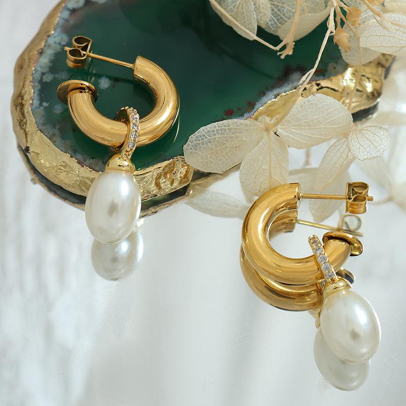 Baroque Pearl C-Shaped Titanium Earrings for Girls - Non-Fading, European & American Style