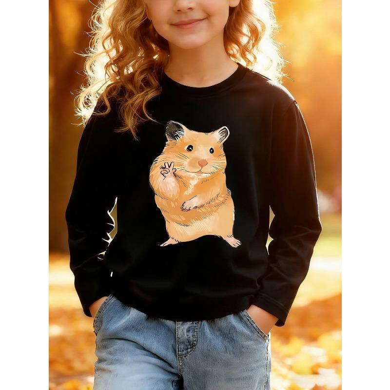 European sizes Kids Long Sleeve TShirt Cute Gesturing Hamster Print Spring Autumn Daily Casual Wear Playful Cute SkinFriendly Soft