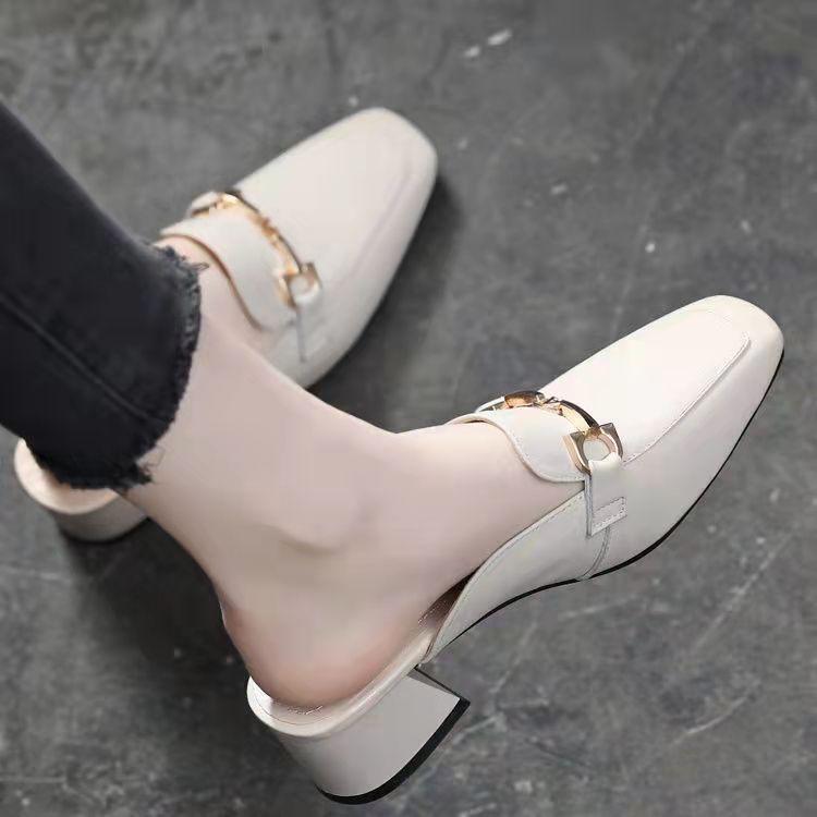 Baotou Half Slippers Women's Outer Wear 2025 Summer New Thick Heel Cool Slippers Muller Shoes Mid Heel Square Head Retro Single Shoes
