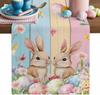 Easter Bunny Eggs Floral Linen Table Runner Home Decor Spring Watercolor Flowers Wood Grain Table Runners Easter Decorations