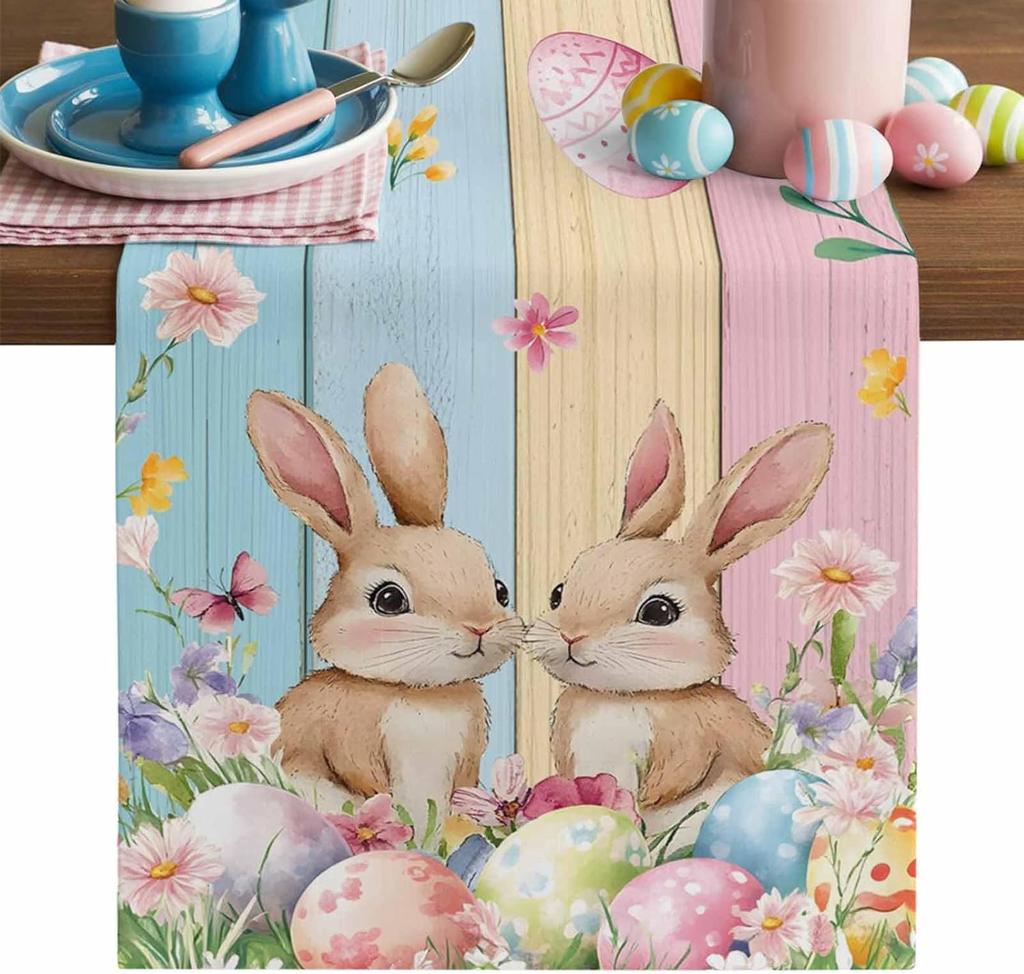 Easter Bunny Eggs Floral Linen Table Runner Home Decor Spring Watercolor Flowers Wood Grain Table Runners Easter Decorations
