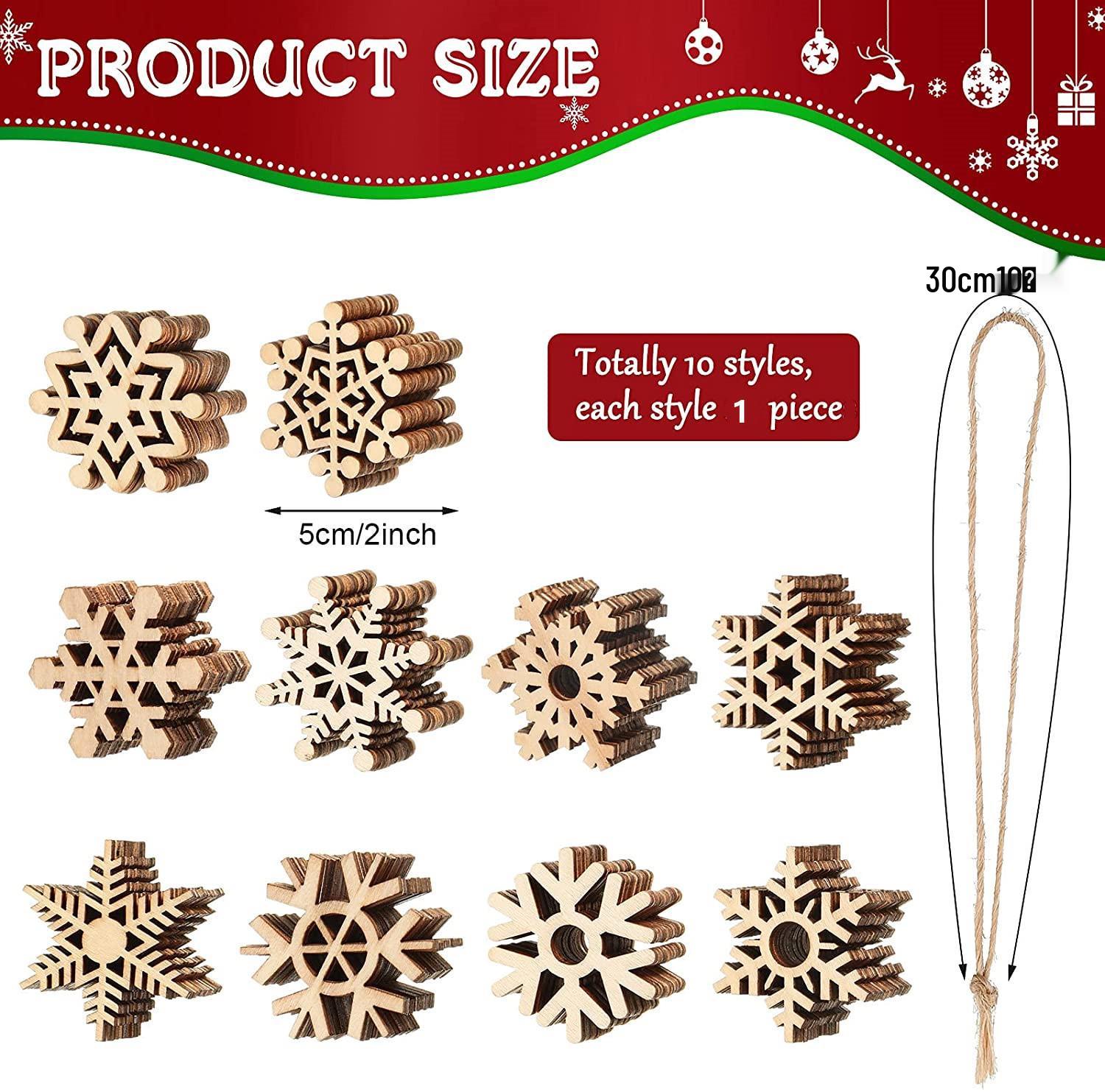 10-Piece Unfinished Wooden Snowflake Ornaments - DIY Christmas Tree Decorations with Rope