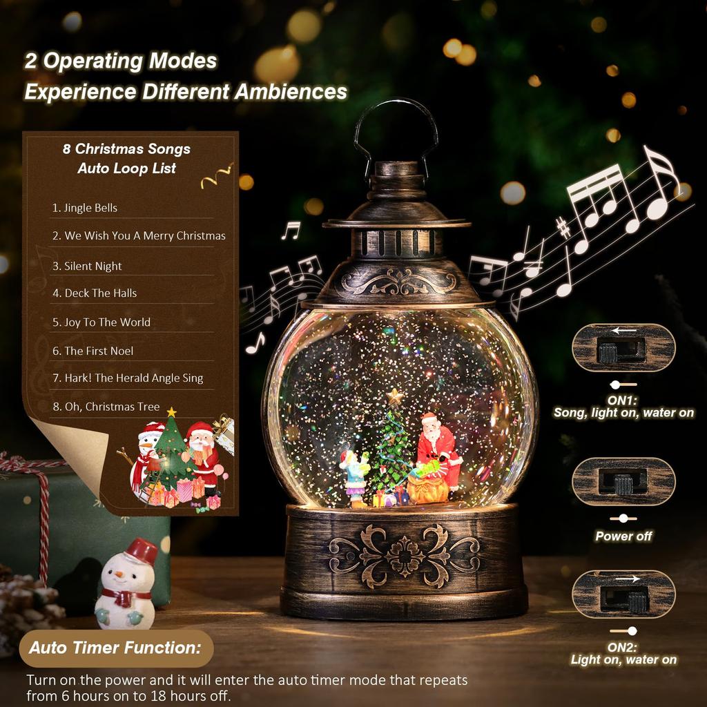 Lewondr Christmas Snow Globe with Christmas Tree Snow Santa 8 Automatic Loop Automatic Christmas Home Christmas Santa Decorating the Christmas Tree