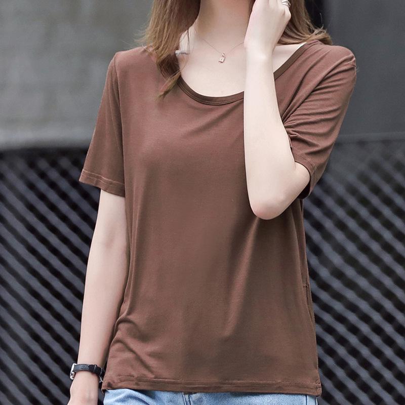 Damski T-shirt Modalowy z Dekoltem U w Dużym Rozmiarze - Elastyczny, Luźny Krój, Letni Top z Krótkim Rękawem