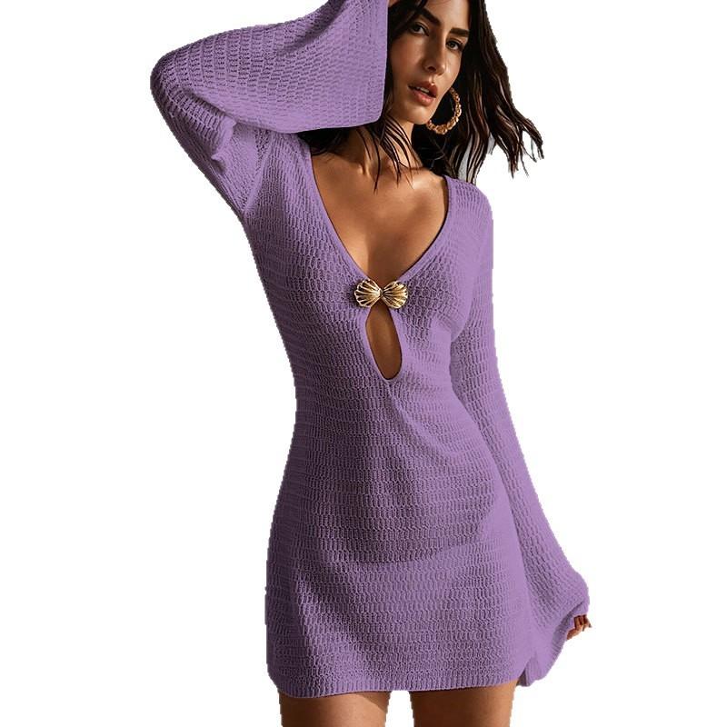 Fashion Swimsuit Knit Cover-up Women's Beach Dress Hollow Out V-neck Bikini Women Elegant Long Sleeved Sunscreen See Through Slim Clothes Party Dress