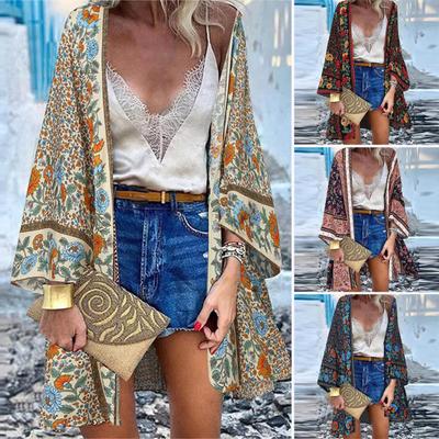 Women Cardigan Floral Print Batwing Sleeve Summer Bohemian Sun Protection Long Blouse for Daily Wear
