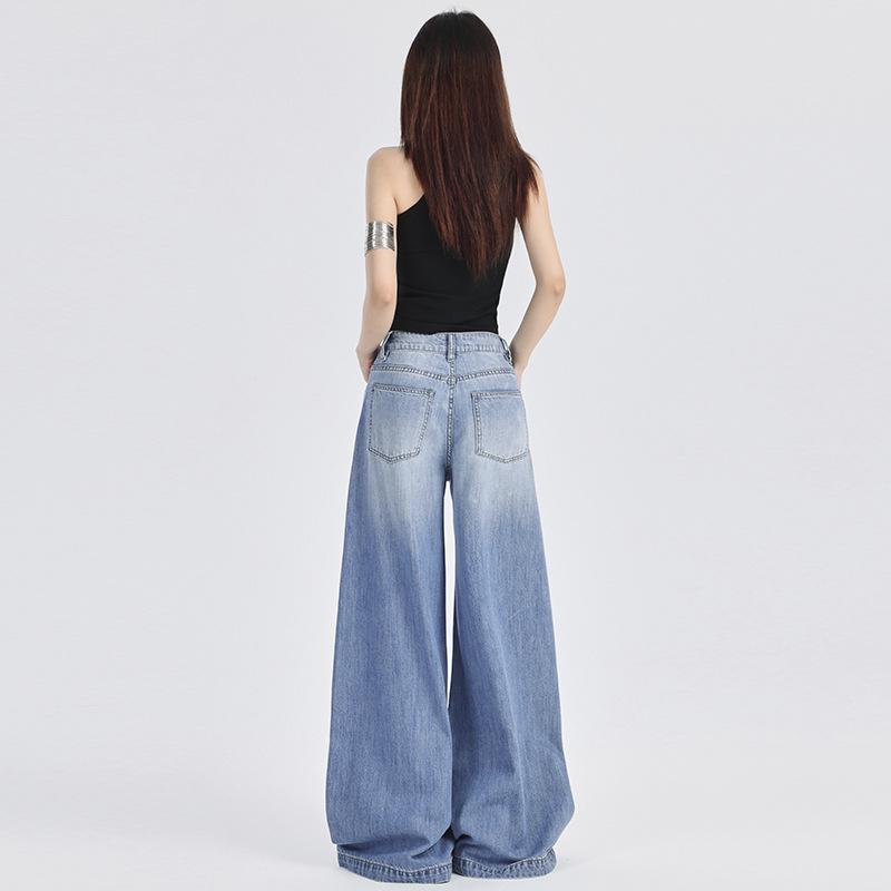 Women's Dark Blue High-Waist Wide-Leg Jeans 2024 - American Style Palazzo Pants for Summer