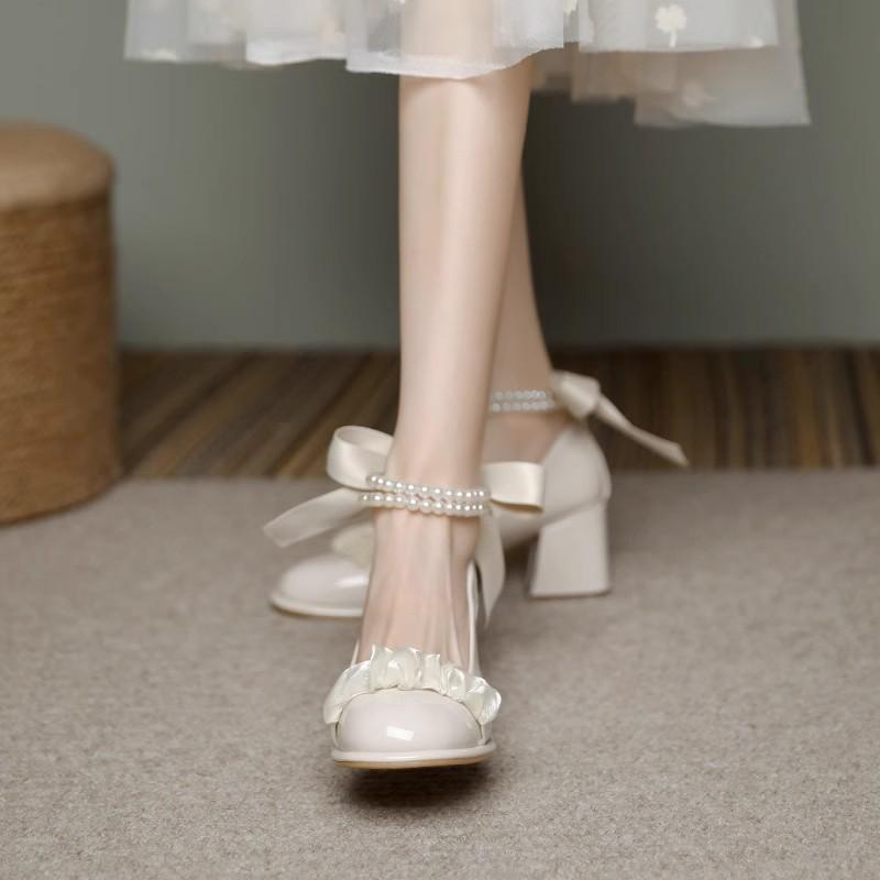 

Spring 2025 Women s Chunky Heel Mary Jane High Heels with Pearls 38 брудно-білий