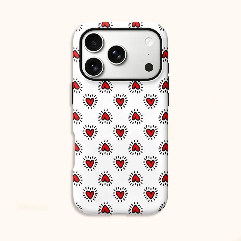 Trendy Kawaii Retro Red Love Heart Hand Drawn Doodle Art Film Aesthetic Protective Phone Case For iPhone 14 15 16 Pro Max Plus Dropproof Bumper Cover