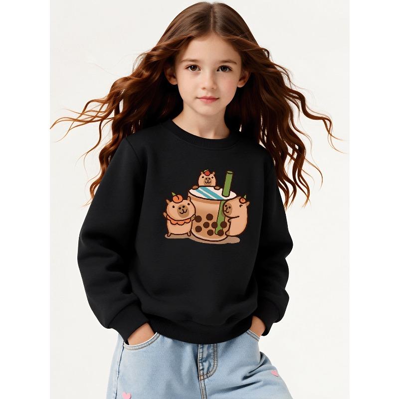 Kids Sweatshirt , Crew Neck Fashion Top, Fun "Cute Bear Bubble Tea" Patterned Sweatshirt, Suitable for Everyday Casual Wear