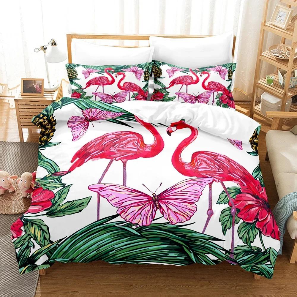 Flamingo Duvet Cover King/Queen Size Green Tropical Leaves Decor Bedding Set Palm Tree Flower Soft 2/3pcs Polyester Quilt Cover