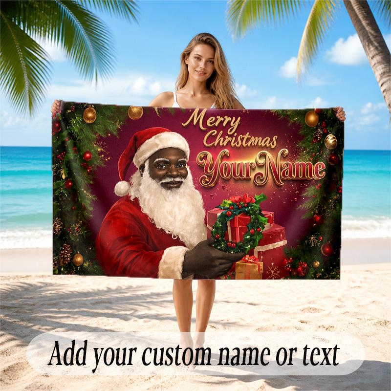 Christmas Theme Quick Dry Beach Towel Custom Name Text Print Large Sand Resistant Towel Beach Vacation