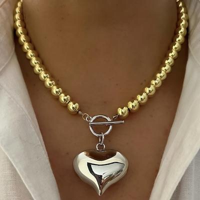 Europe and The United States  Round Beads Heart Pendant Necklace Women's Classic Trend Daily Accessories Jewelry