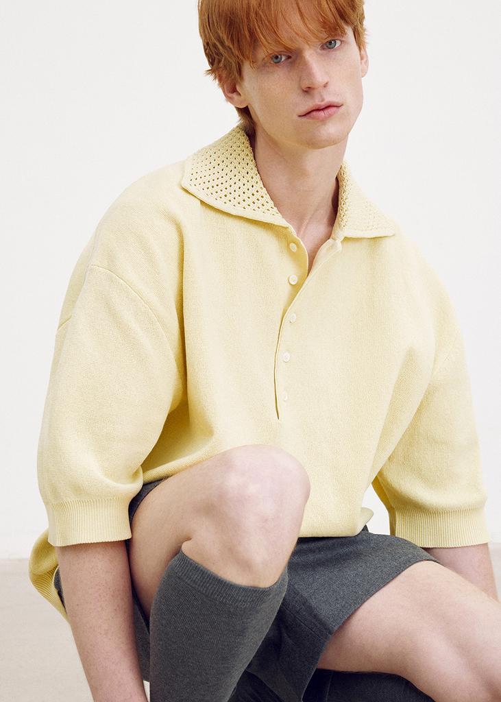 UMARMUNG Crisp Cotton Crochet Collared Pullover_Lemon