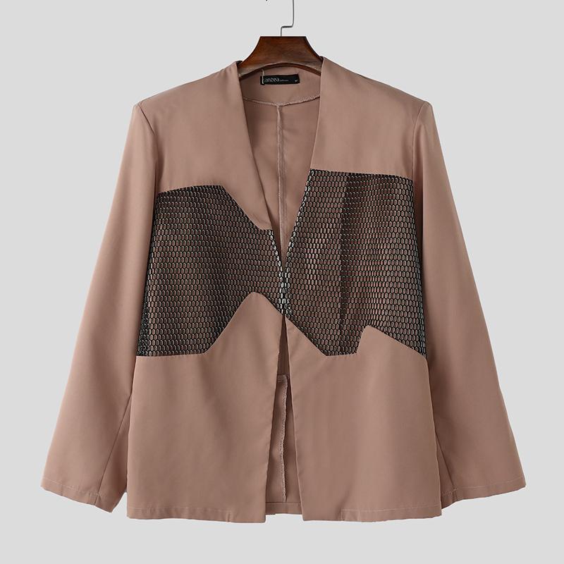 

INCERUN Мужской пиджак без воротника с длинным рукавом, сетчатые тонкие пальто в стиле пэчворк 2XL розовый