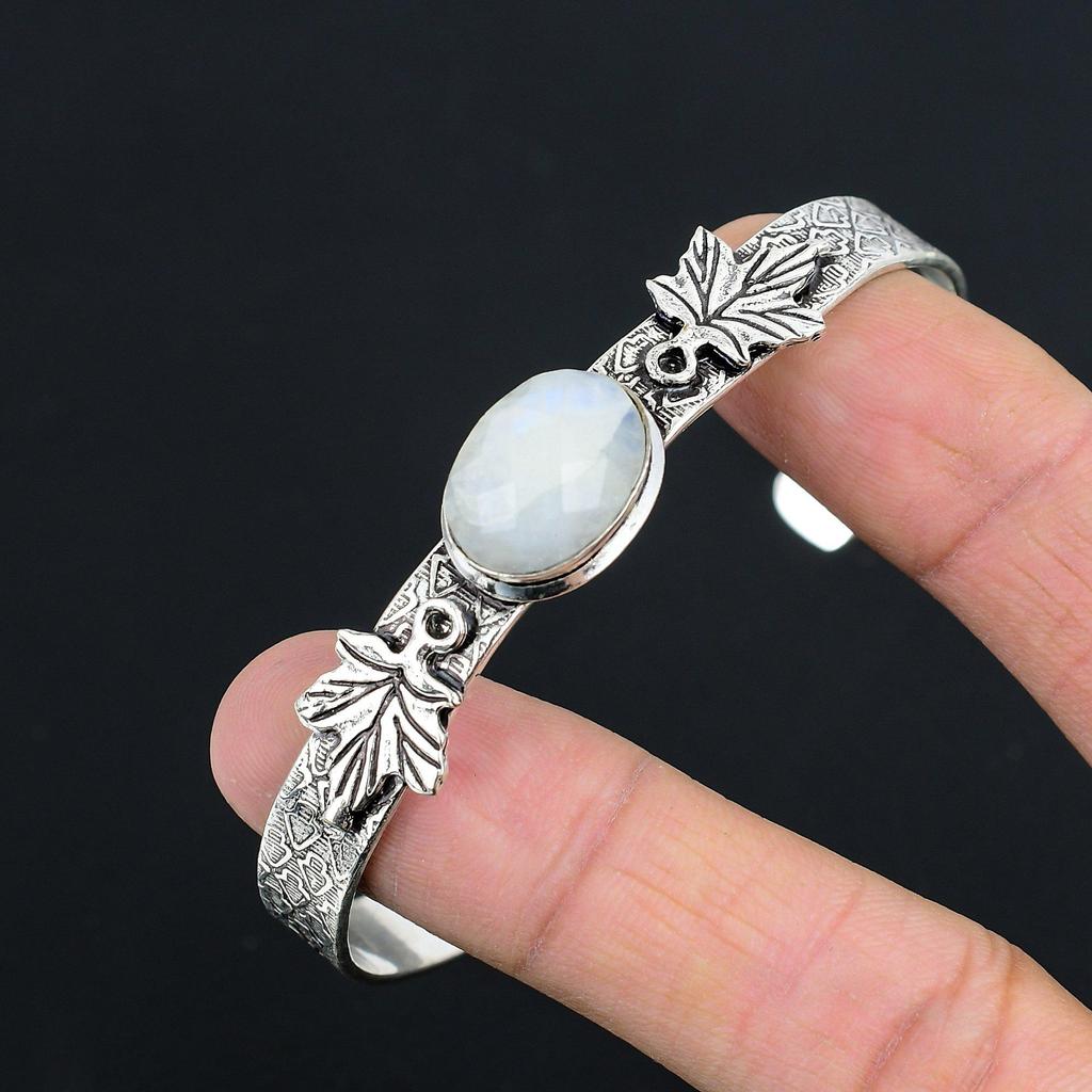 Anniversary Gift For Her Natural Rainbow Moonstone Bangle Adjustable 925 Silver