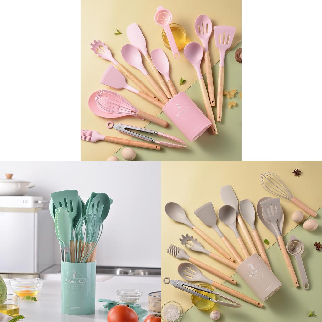 Silicone Kitchen Utensil Set With Wooden Handles For Nonstick Cookware And Heat Resistance