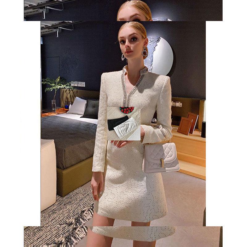 Autumn/Winter Celebrity Style V-Neck Slim Tweed Dress for Women