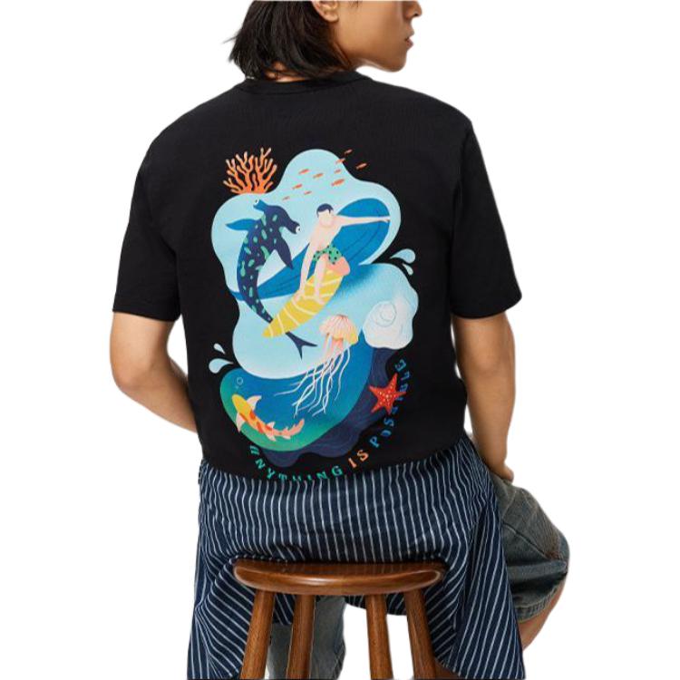 Li Ning Sports Trendy Collection T Shirt Men's Black Blue Print Combination AHSU307-3