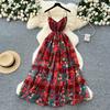 Light luxury retro court style floral suspender dress women's summer thin waist design big pendulum super fairy dress