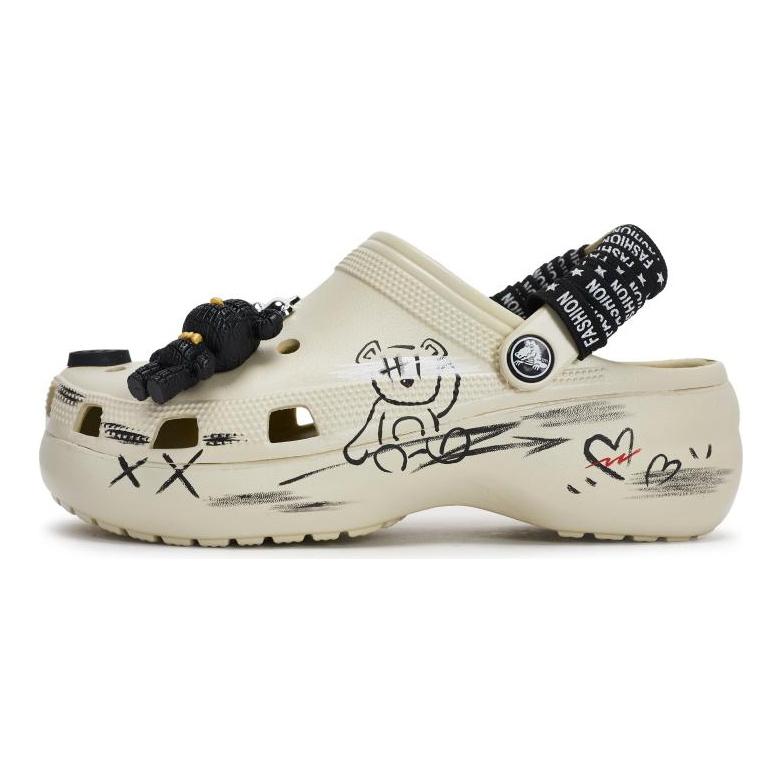 Crocs Classic Platform Clog EVA Graffiti Fashion Trend Comfort Gift Box Hole Shoes Women's Bone White and Black