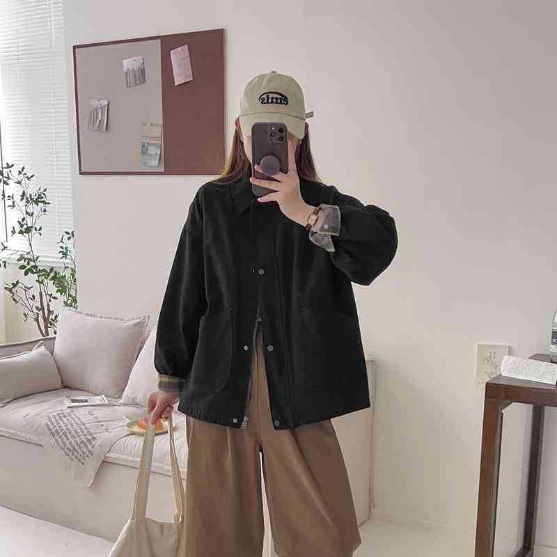 

Женская рабочая куртка однотонная petite - Новое поступление Весна/Осень, Большие карманы, Свободный крой, Повседневный прямой крой, Маленький воротник Extra Large (145-160 jin) чёрный