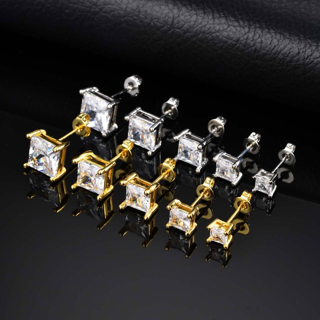 Vnox Square Cubic Zirconia Stud Earrings, 4-8mm Copper Material Earrings for Women Men, Gold Silver Color Post Ear Accessories