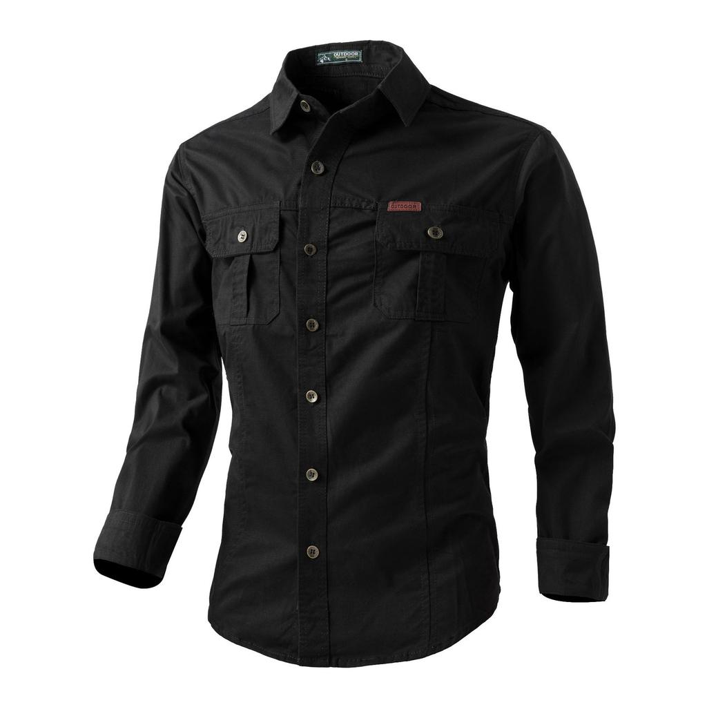 New Casual Loose Long-sleeved Tooling Shirt Men's Spring and Autumn Thin Large Size Cotton Solid Color Young and Middle-aged Old Man Dad Shirt