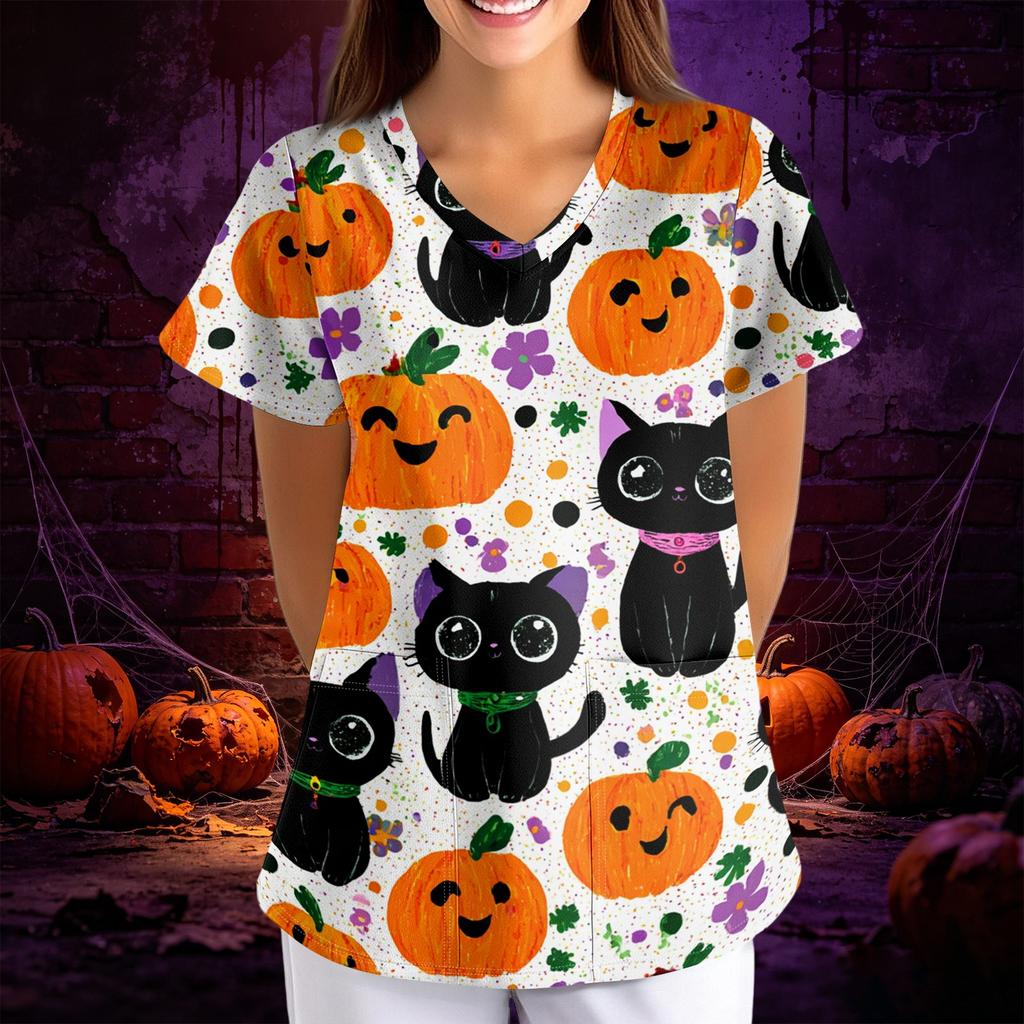 Women's Halloween Print Loose V-Neck Short Sleeve Pocket Uniform Top Scrub Costume Cosplay for Adult Women