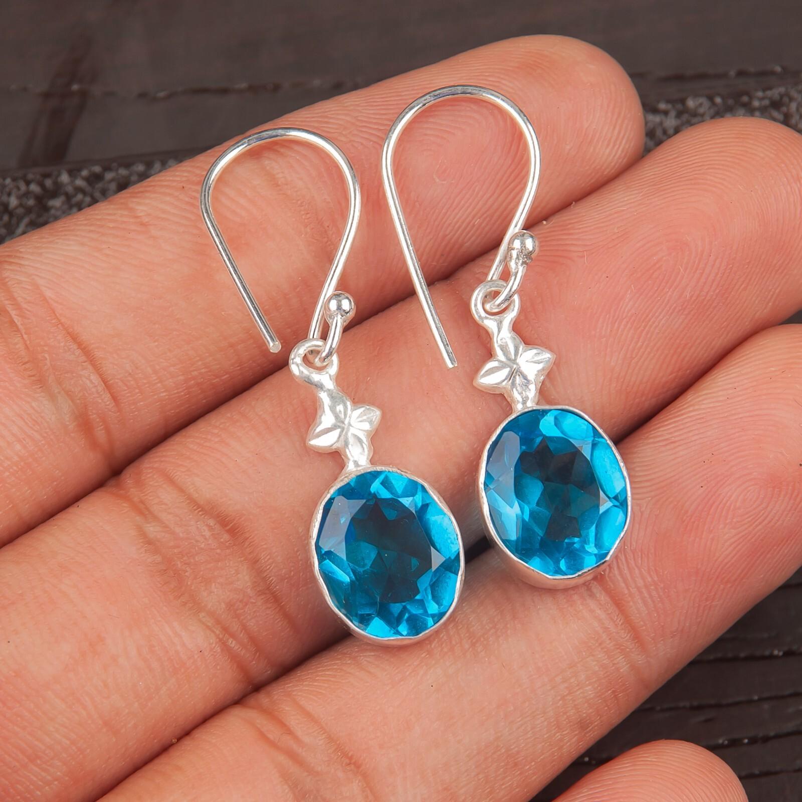 

925 Sterling Silver Swiss Blue Topaz Gemstone Ethnic Jewely Earrings For Wife EE-6-1