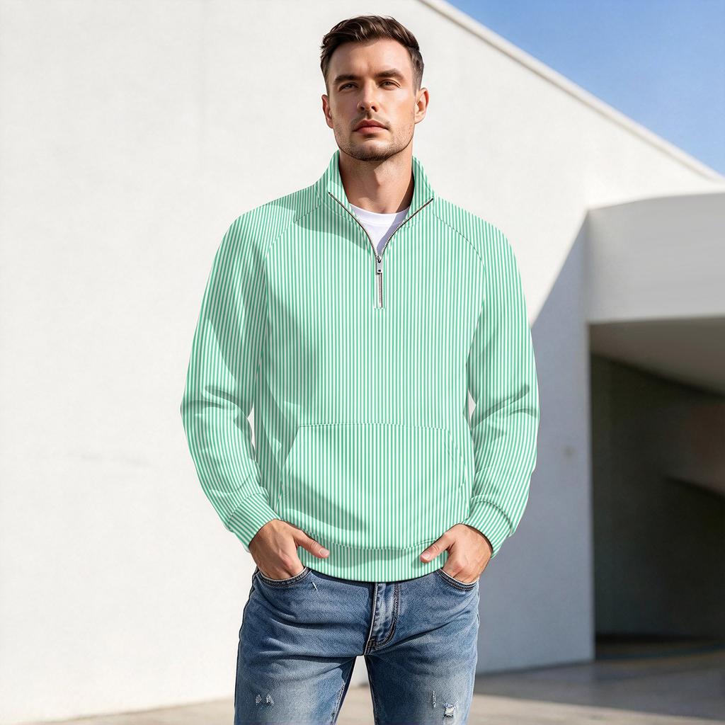 Herren Pullover mit vertikalem Streifenprint, Reißverschluss und Stehkragen, Lässiges Falten- Sportoberteil für Herbst Winter