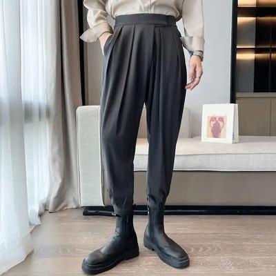 Men's Spring Drawstring Handsome Loose Casual Haren Western Pants Solid Color Personalized Trousers