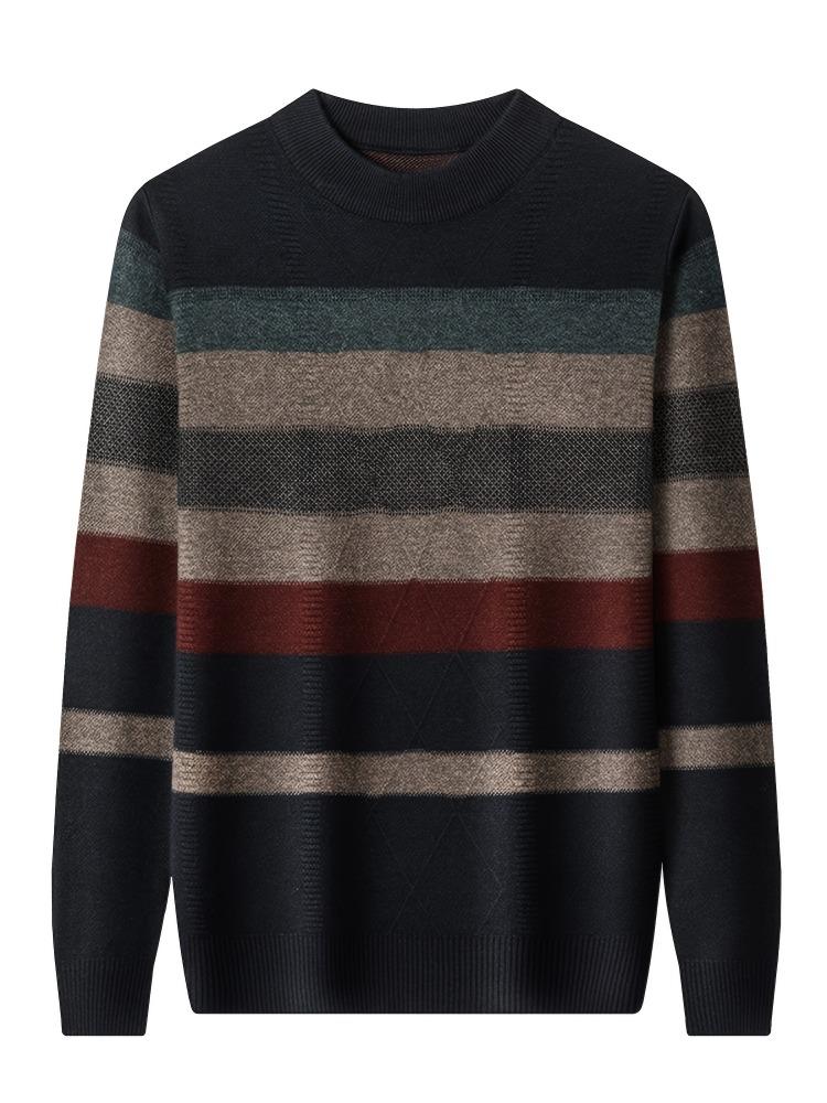 All Match Knitted Color Block Sweater, Men's Casual Warm High Stretch Crew Neck Pullover Sweater For Men Fall Winter