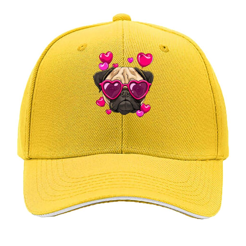 Valentine Day Pug Dog Heart Glasses Hearts Graphic Sandwich Baseball Cap Unisex Women Sun Cap Outdoor Workouts Hat