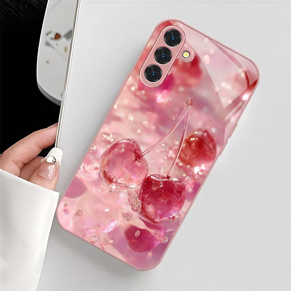 Pink cherry patterned glass phone case suitable for Samsung Galaxy S26 S25 S24 S23 S22 S20 FE/Ultra/Plus shockproof back cover