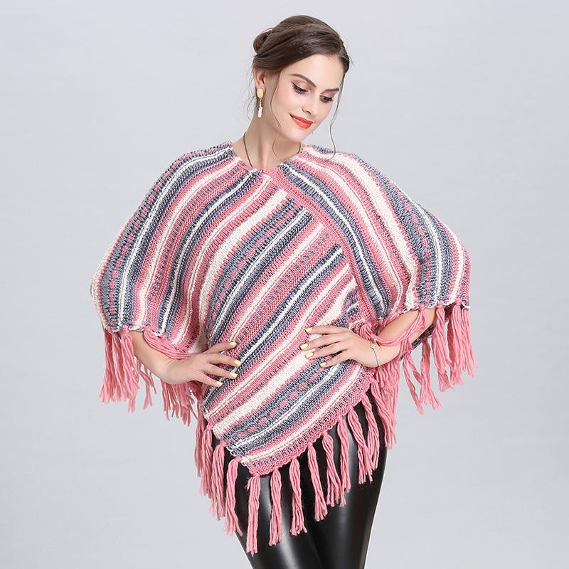 Exclusive For South American Tassel Cape Shawl V-Neck Diagonal Striped Pullover Women 1527 #