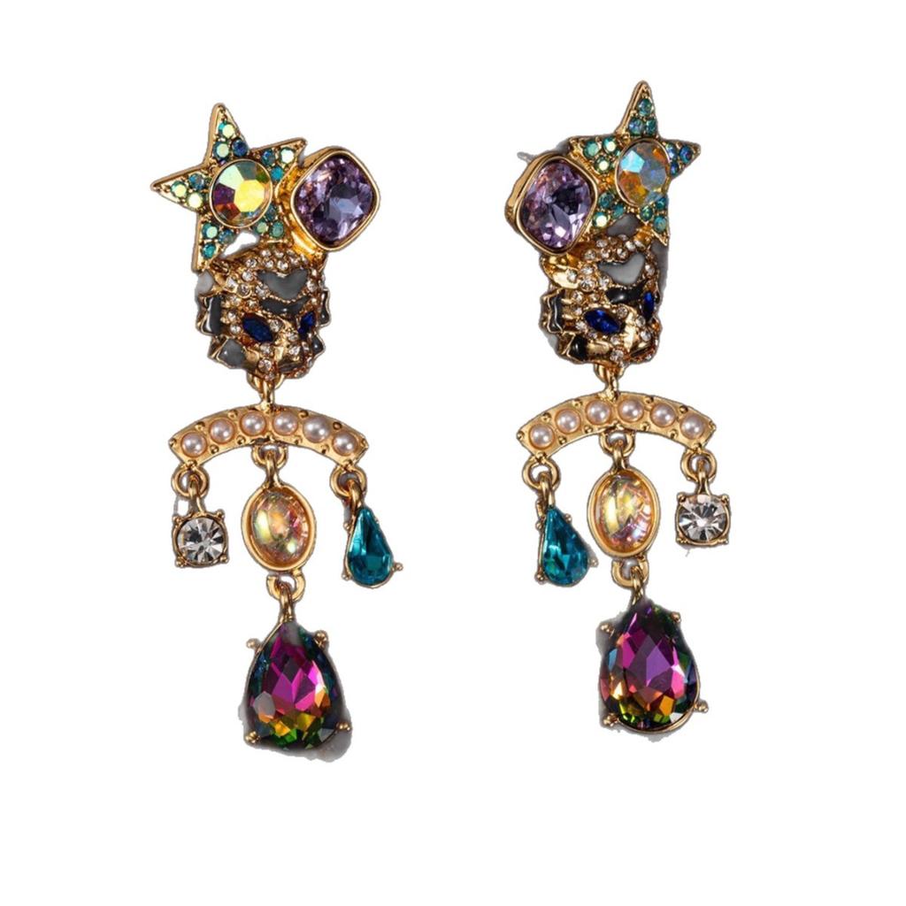 Vintage Earrings BJ Leopard Head Colorful Treasure Fashion Niche Design Retro Tassel Dopamine
