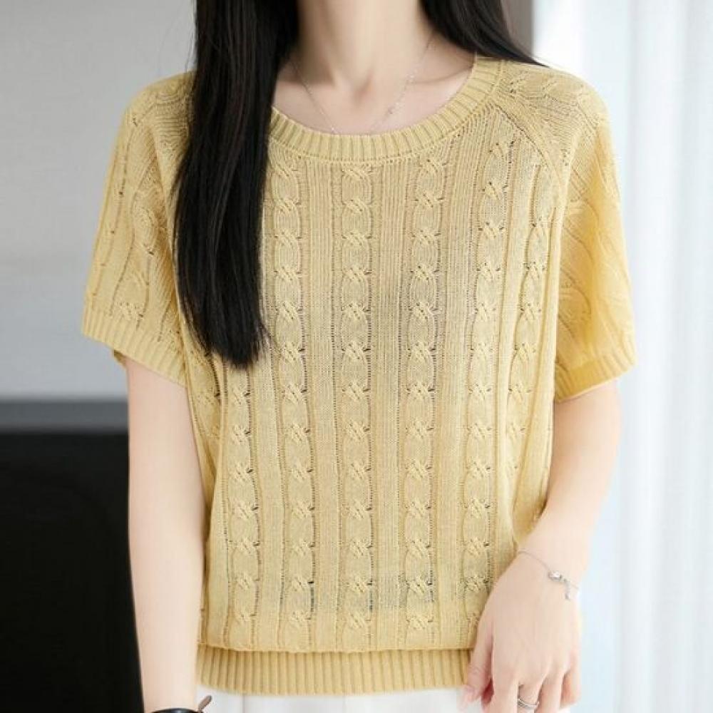 Navava Women Thin Cable Knit Round Neck Short Sleeve Sweater Nk3688